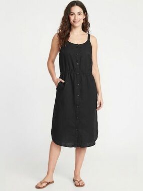 Old Navy Black Linen-Blend Button-Front Sleeveless Midi Dress Size XL